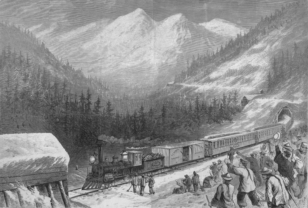 内华达山中修筑中央太平洋铁路的华工，据 Joseph Becker 素描制版，1870 年刊。维基共享资源，公有领域