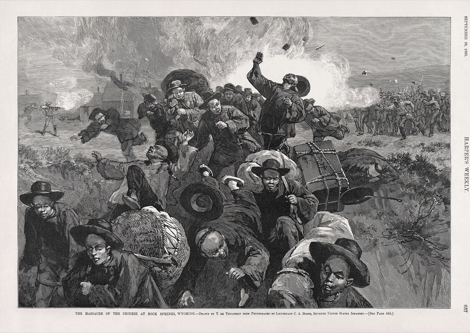 《怀俄明石泉城屠杀华人》，Thure de Thulstrup 据第七步兵团 C. A. Booth 中尉的照片绘制，《哈泼斯周刊》1885 年 9 月。维基共享资源，公有领域
