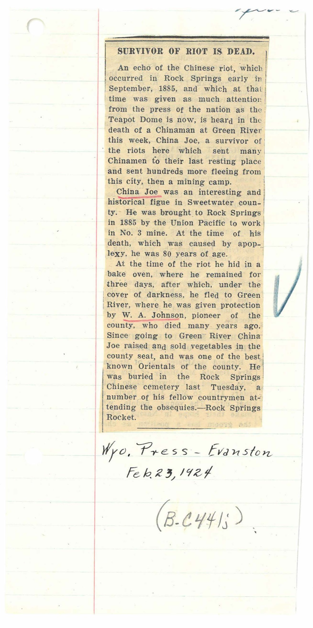 《屠杀幸存者去世》，Wyoming Press（埃文斯顿）1924 年 2 月 23 日。美国怀俄明大学 American Heritage Center 藏