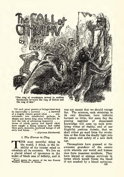 《克苏鲁的呼唤》首刊页，《诡丽幻谭》1928 年 2 月号第 159 页，右栏起是那句开篇名句。据维基共享资源所藏该期扫描本，公有领域