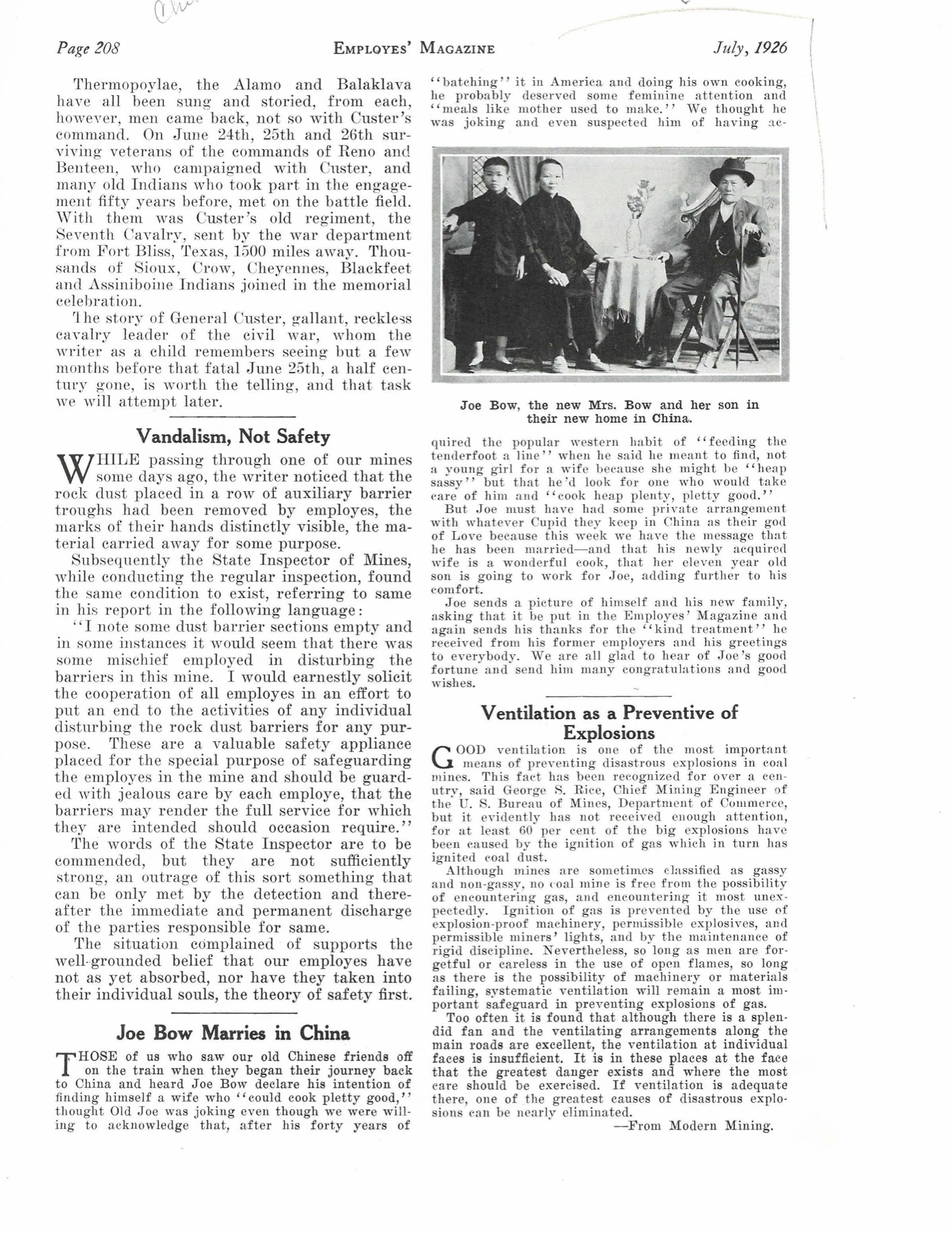 《Joe Bow 在中国成亲》，附 Joe Bow 与妻子、继子的合影，UPCC 员工杂志 1926 年 7 月第 208 页。美国怀俄明大学 American Heritage Center 藏