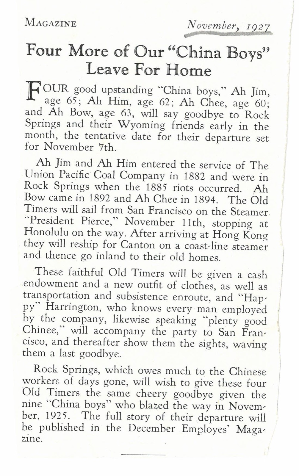 《又有四个我们的「中国男孩」回家了》，UPCC 员工杂志 1927 年 11 月。美国怀俄明大学 American Heritage Center 藏