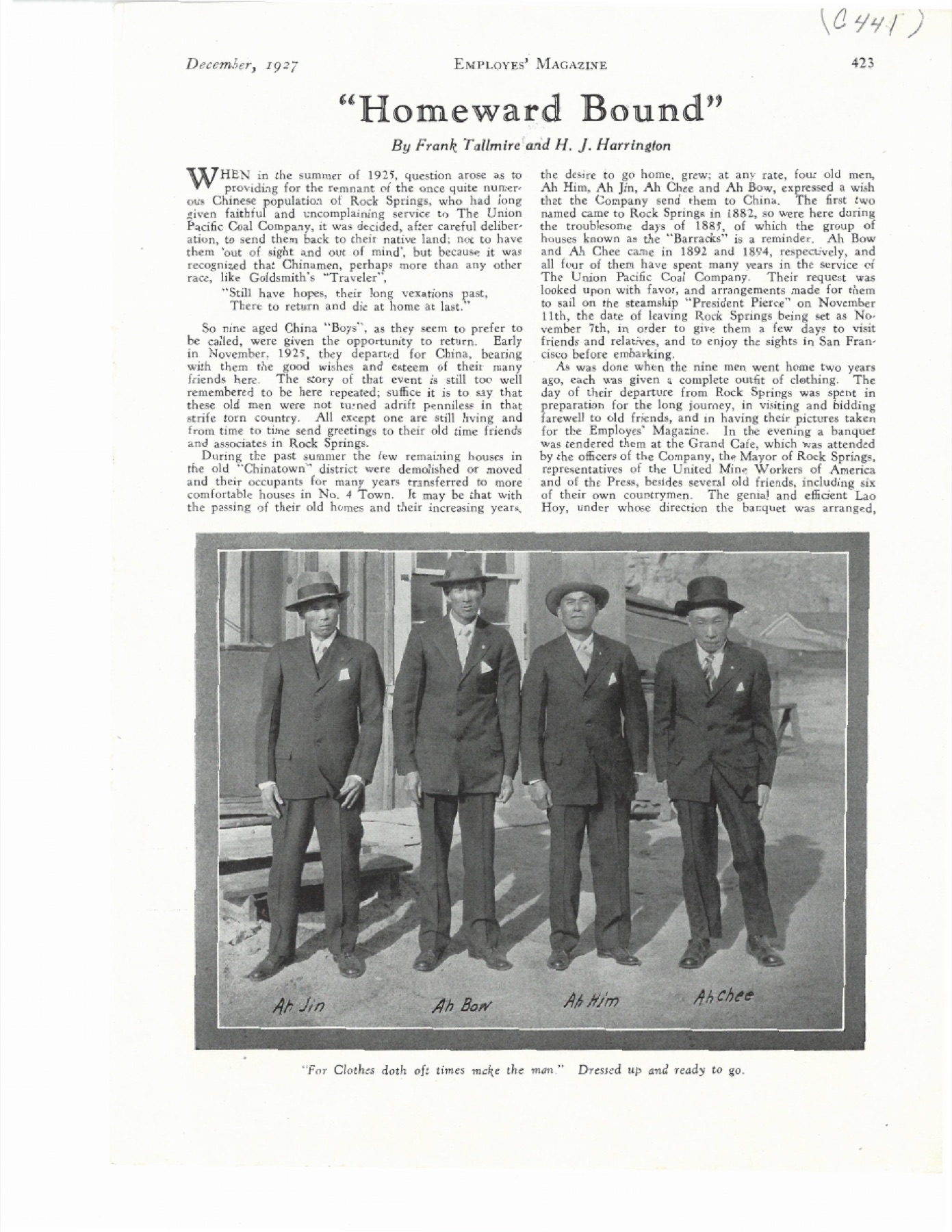 《归乡》首页，左起 Ah Jin、Ah Bow、Ah Him、Ah Chee，图注为「人靠衣装」。UPCC 员工杂志 1927 年 12 月第 423 页。美国怀俄明大学 American Heritage Center 藏