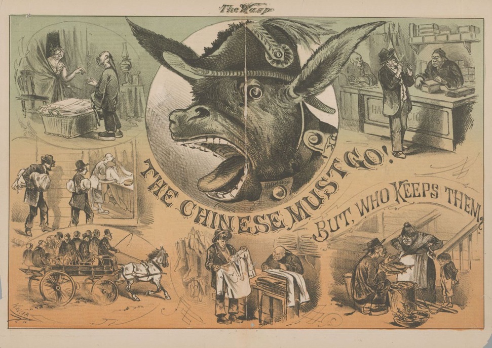 《中国人必须滚，可谁在养着他们？》，George F. Keller 绘，《黄蜂》（The Wasp）1878 年 5 月 11 日。维基共享资源，公有领域