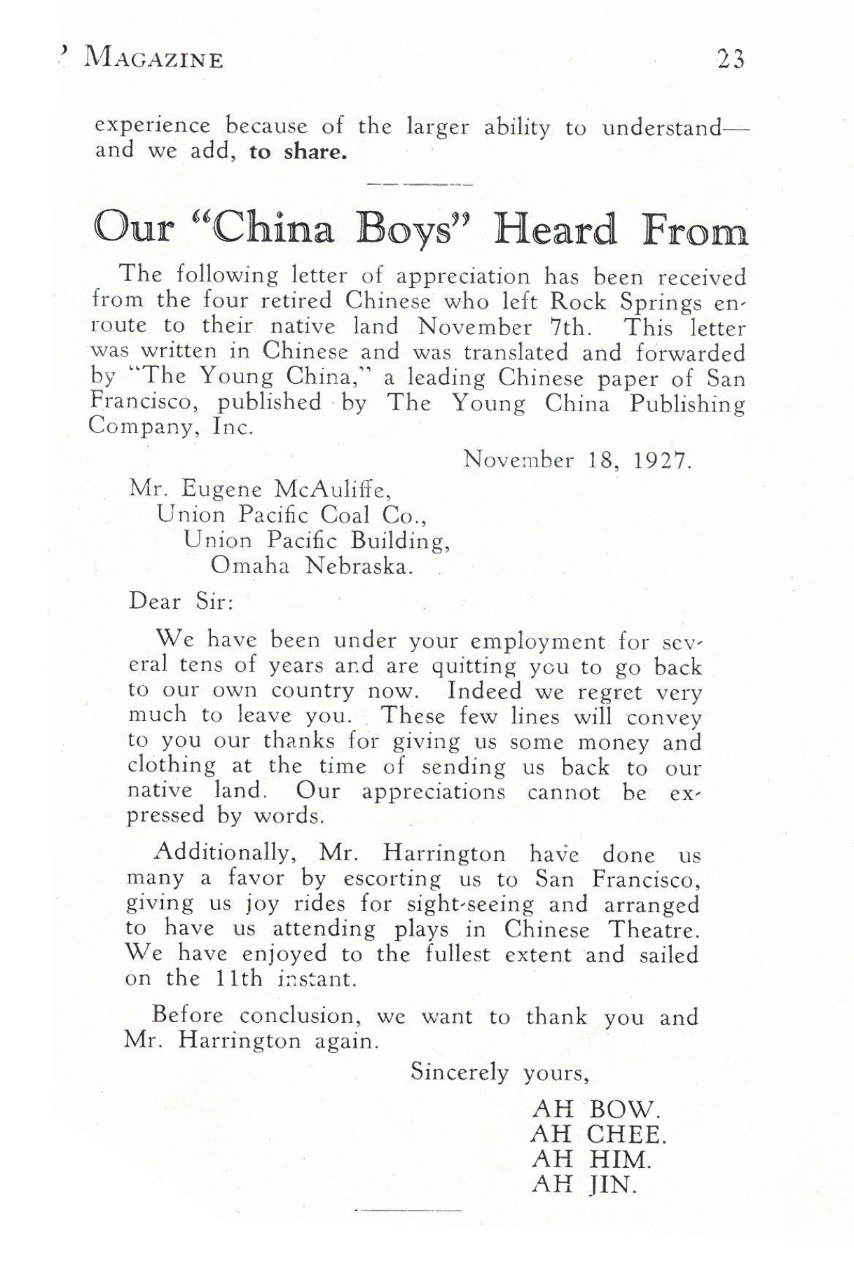 《我们的「中国男孩」来信》，四人感谢信的英译，UPCC 员工杂志 1927 年 11 月第 23 页。美国怀俄明大学 American Heritage Center 藏