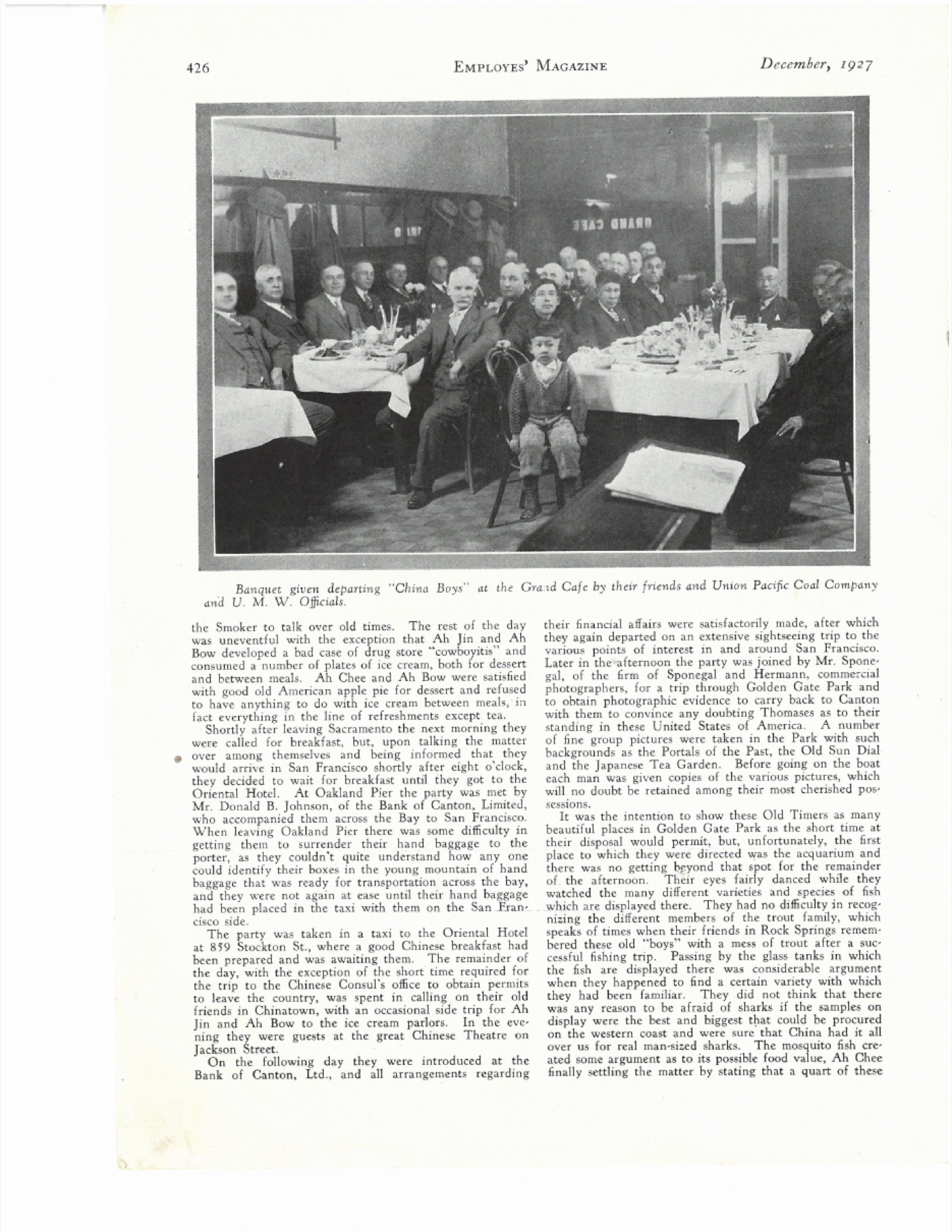 Grand Cafe 送别宴，UPCC 员工杂志 1927 年 12 月第 426 页。美国怀俄明大学 American Heritage Center 藏